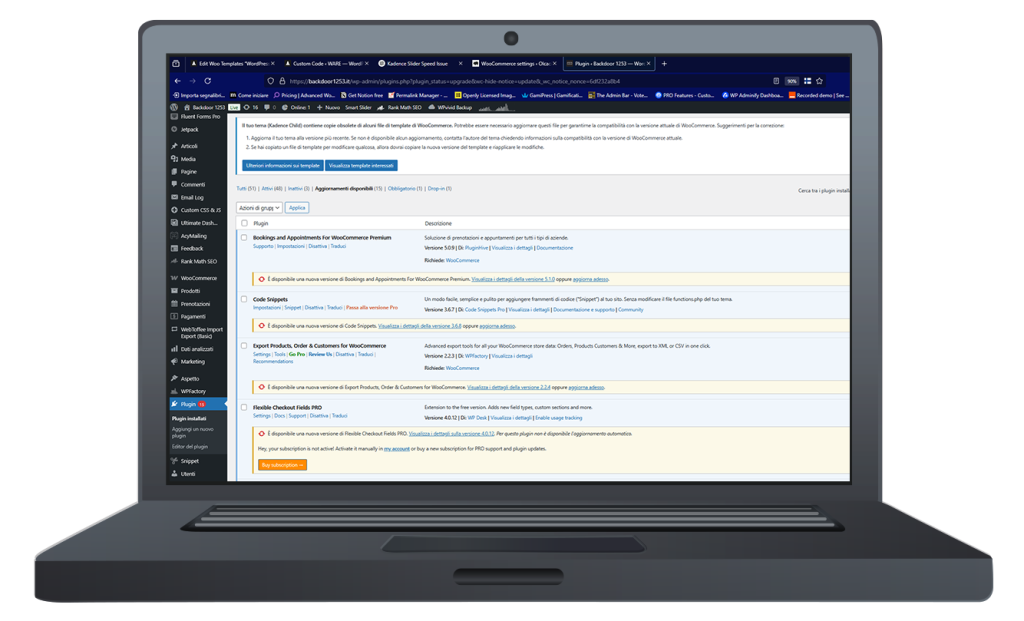 Bacheca WordPress con avviso aggiornamenti plugin